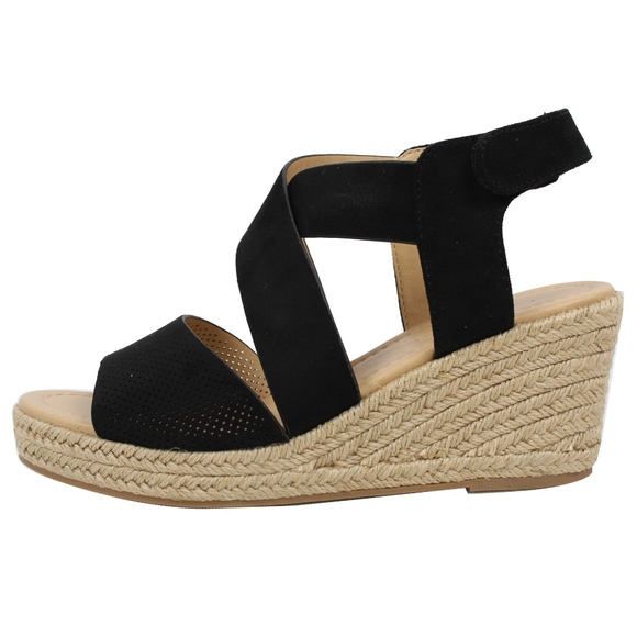 Black Perforated Peep Toe Mid Wedge Espadrille - Picture 2 of 5